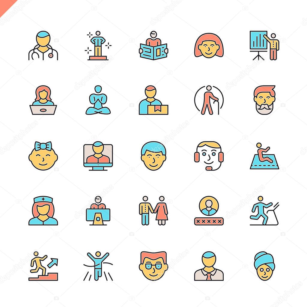 Flat line people icons set for website and mobile site and apps. Outline icons design. 48x48 Pixel Perfect. Linear pictogram pack. Vector illustration.