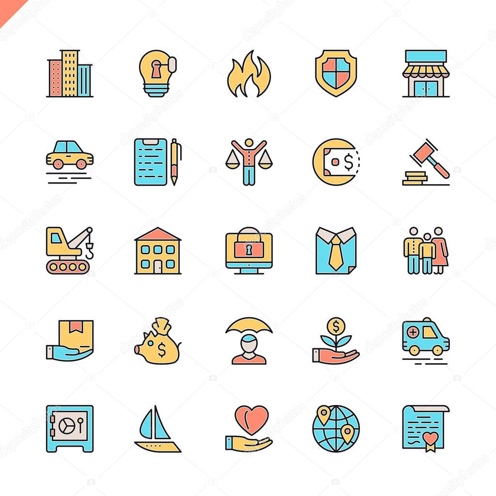 Flat line insurance icons set for website and mobile site and apps. Outline icons design. 48x48 Pixel Perfect. Linear pictogram pack. Vector illustration.