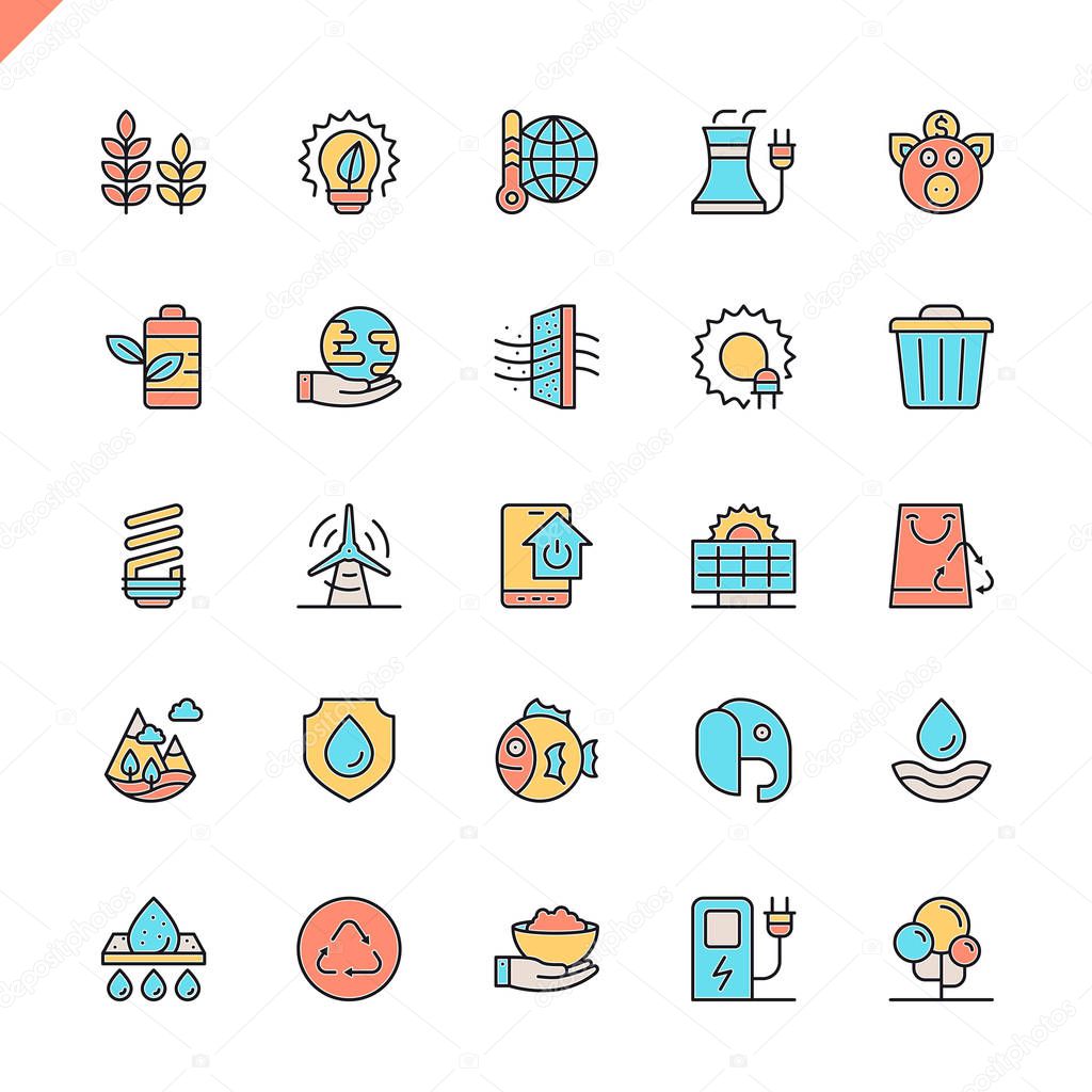 Flat line ecology icons set for website and mobile site and apps. Outline icons design. 48x48 Pixel Perfect. Linear pictogram pack. Vector illustration.