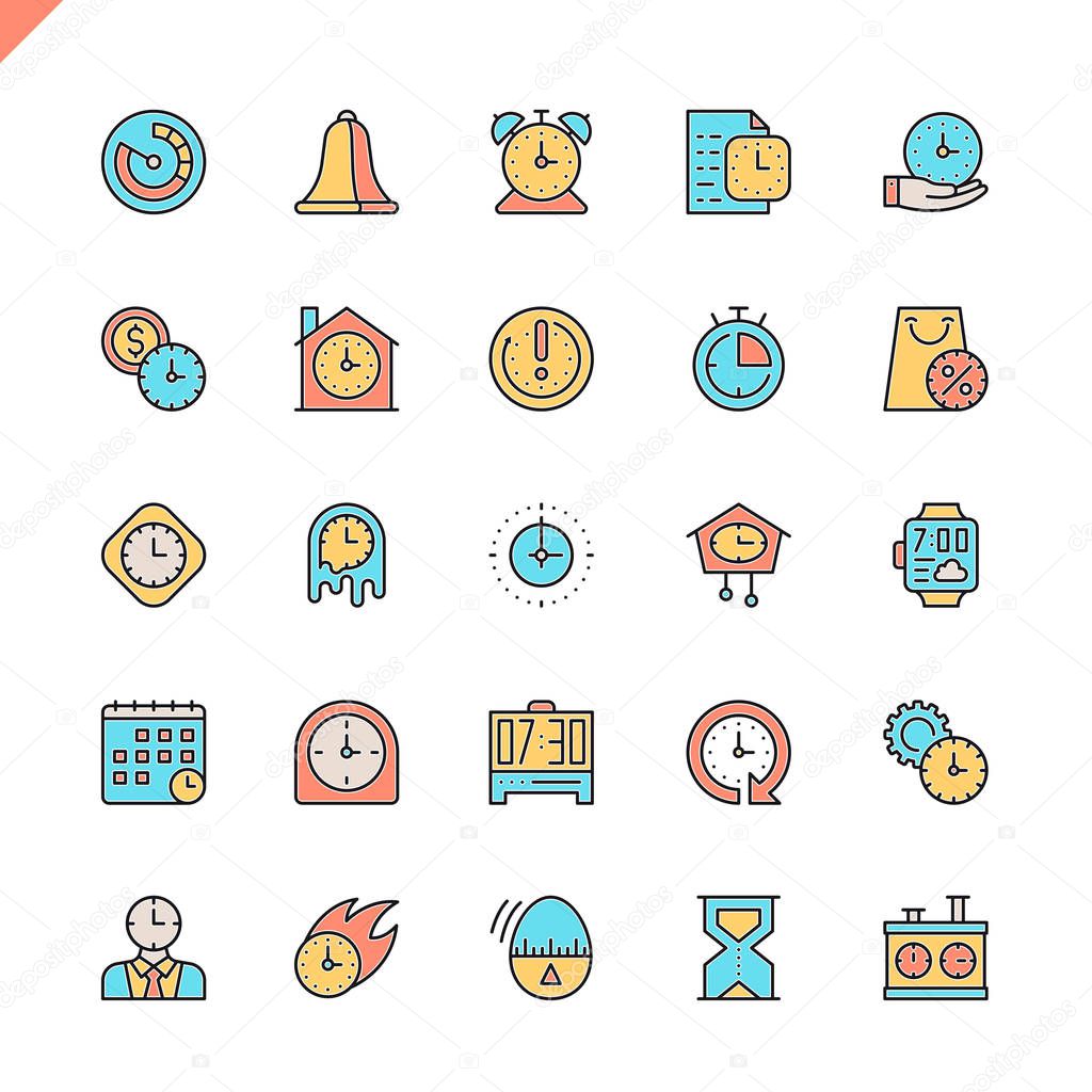 Flat line time icons set for website and mobile site and apps. Outline icons design. 48x48 Pixel Perfect. Linear pictogram pack. Vector illustration.
