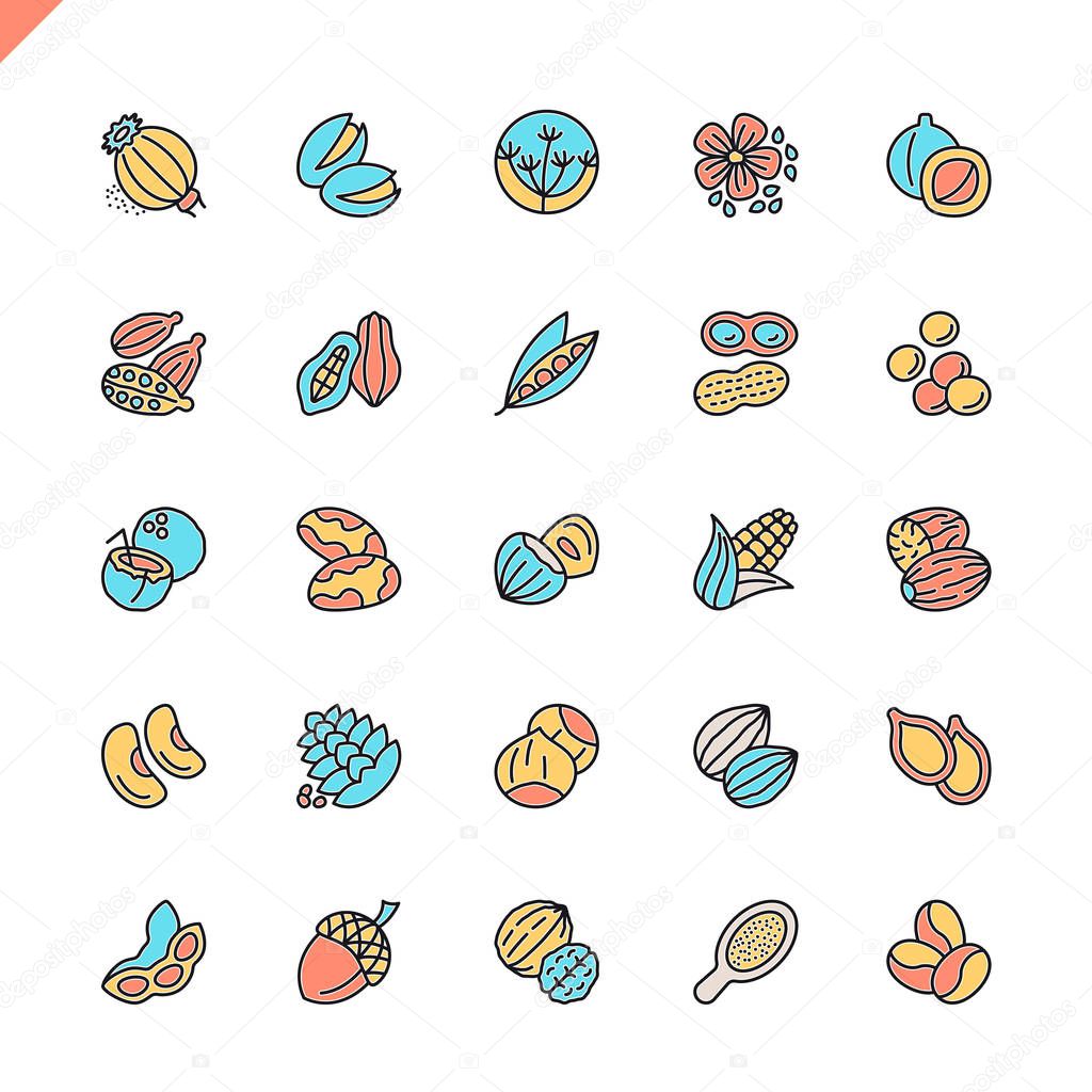 Flat line nuts, seeds and beans elements icons set for website and mobile site and apps. Outline icons design. 48x48 Pixel Perfect. Linear pictogram pack. Vector illustration.