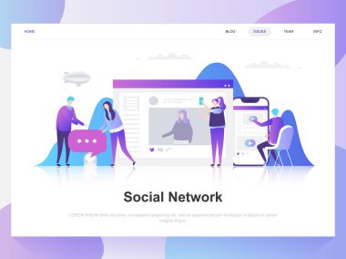 Sosyal ağ modern düz tasarım konsepti. Açılış sayfası şablonu. Web sayfası, Web sitesi ve mobil web sitesi için modern düz vektör illüstrasyon kavramlar. Düzenlemek ve özelleştirmek kolay.