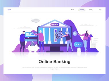 Online bankacılık modern düz tasarım konsepti. Açılış sayfası şablonu. Web sayfası, Web sitesi ve mobil web sitesi için modern düz vektör illüstrasyon kavramlar. Düzenlemek ve özelleştirmek kolay.
