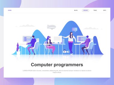 Bilgisayar programcıları modern düz tasarım konsepti. Açılış sayfası şablonu. Web sayfası, Web sitesi ve mobil web sitesi için modern düz vektör illüstrasyon kavramlar. Düzenlemek ve özelleştirmek kolay.