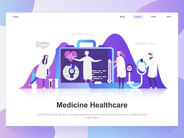 Tıp ve sağlık modern düz tasarım konsepti. Açılış sayfası şablonu. Web sayfası, Web sitesi ve mobil web sitesi için modern düz vektör illüstrasyon kavramlar. Düzenlemek ve özelleştirmek kolay.
