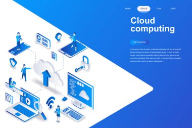 Bulut bilgi işlem modern düz tasarım izometrik konsepti. İş teknoloji ve insan kavramı. Açılış sayfası şablonu. Web ve grafik tasarım için kavramsal izometrik vektör çizim.