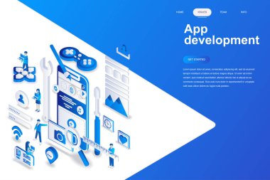 App Geliştirme modern düz tasarım izometrik konsepti. Smartphone ve insanlar kavramı. Açılış sayfası şablonu. Web ve grafik tasarım için kavramsal izometrik vektör çizim.