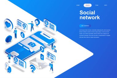 Sosyal ağ modern düz tasarım izometrik konsepti. İletişim ve insan kavramı. Açılış sayfası şablonu. Web ve grafik tasarım için kavramsal izometrik vektör çizim.