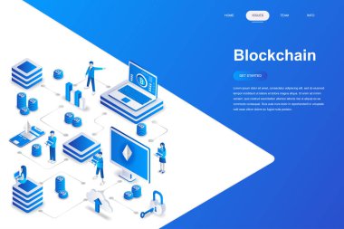Blockchain modern düz tasarım izometrik konsepti. Cryptocurrency ve insanlar kavramı. Açılış sayfası şablonu. Web ve grafik tasarım için kavramsal izometrik vektör çizim.
