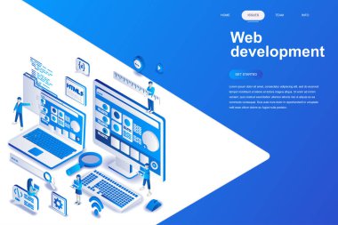 Web geliştirme modern düz tasarım izometrik konsepti. Geliştirici ve insanlar kavramı. Açılış sayfası şablonu. Web ve grafik tasarım için kavramsal izometrik vektör çizim.
