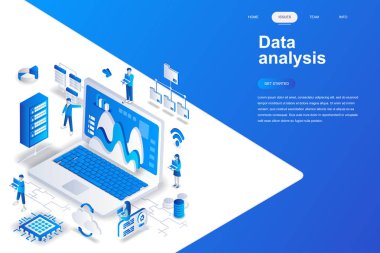 Veri analizi modern düz tasarım izometrik konsept. Analitik ve insan kavramı. İniş sayfası şablonu. Web ve grafik tasarımı için kavramsal izometrik vektör çizimi.