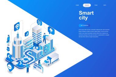 Akıllı şehir modern düz tasarım izometrik konsepti. Mimari ve insanlar kavramı. Açılış sayfası şablonu. Web ve grafik tasarım için kavramsal izometrik vektör çizim.