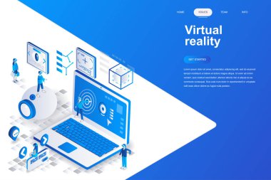 Sanal gerçeklik gözlük modern düz tasarım izometrik konsepti. Eğlenceli ve insanlar kavramı. Açılış sayfası şablonu. Web ve grafik tasarım için kavramsal izometrik vektör çizim.
