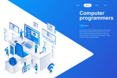 Bilgisayar programcıları modern düz tasarım izometrik kavramı. Yazılım geliştirme ve insan kavramı. Açılış sayfası şablonu. Web ve grafik tasarım için kavramsal izometrik vektör çizim.