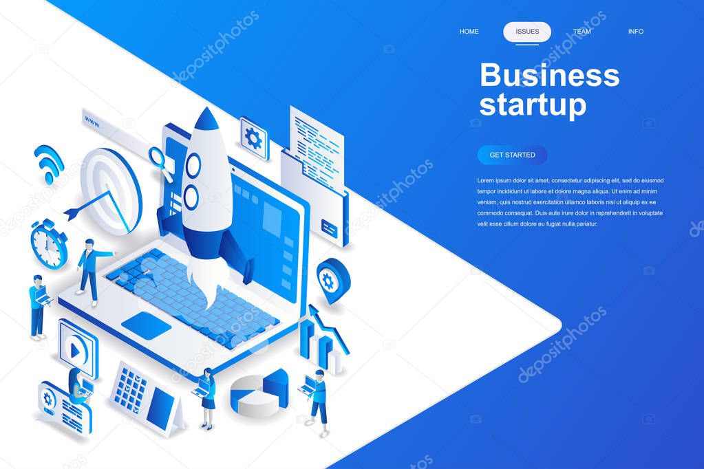 Business startup modern flat design isometric concept. Launch work and people concept. Landing page template. Conceptual isometric vector illustration for web and graphic design.