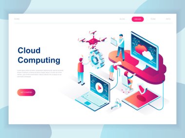 Modern düz tasarım izometrik kavramı bulut teknoloji afiş ve Web sitesi için. İzometrik açılış sayfası şablonu. Bulut bilgi işlem servisi online medya dosya veri yedekleme depolama. Vektör çizim.