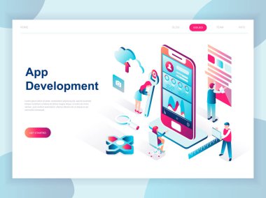 Modern düz tasarım izometrik kavramı uygulama geliştirme web sitesi ve afiş için. İzometrik açılış sayfası şablonu. Mobil uygulama kullanarak yeni bir proje programlama geliştirmek. Vektör çizim.