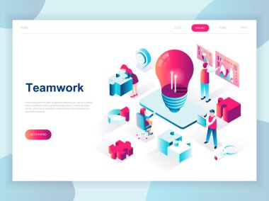 Modern düz tasarım izometrik kavramı ekip çalışması için afiş ve Web sitesi. İzometrik açılış sayfası şablonu. İşletme Yönetimi, online iletişim ve finans. Vektör çizim.
