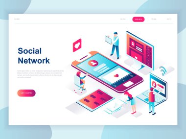 Modern düz tasarım izometrik kavramı sosyal ağ web sitesi ve afiş için. İzometrik açılış sayfası şablonu. Sanal iletişim ve medya paylaşımı. Vektör çizim.