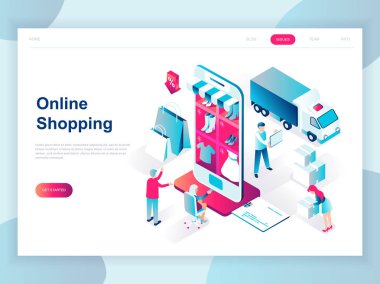 Modern düz izometrik Tasarım Online alışveriş için afiş ve Web sitesi. İzometrik açılış sayfası şablonu. E-ticaret pazarı, ödeme veya müşteri destek alışveriş. Vektör çizim.