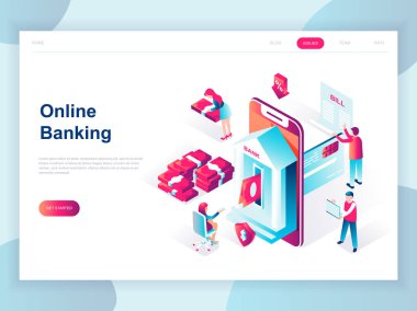 Sancak ve web sitesi için çevrimiçi bankacılık modern düz tasarım izometrik konsepti. Isome 'ın iniş sayfası şablonu. Elektronik banka ödemesi ya da müşteri desteği. Vektör illüstrasyonu.