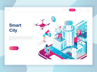 Modern düz tasarım izometrik kavramı akıllı şehir afiş ve Web sitesi için. İzometrik açılış sayfası şablonu. İş Merkezi gökdelenler ile şehrin sokaklarında yollar bağlı. Vektör çizim.