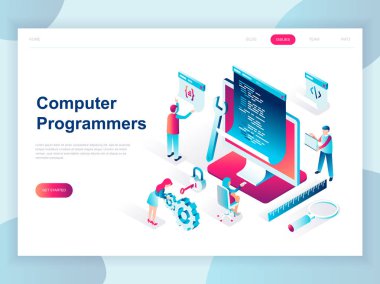 Modern düz izometrik tasarım bilgisayar programcıları için afiş ve Web sitesi. İzometrik açılış sayfası şablonu. Proje ekibi Web sitesi kodlamak için mühendisler geliştiricisi. Vektör çizim.