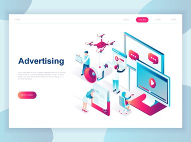 Modern düz izometrik tasarım reklam ve promosyon afiş ve Web sitesi için. İzometrik açılış sayfası şablonu. Sosyal medya kampanyası, pazarlama araştırması. Vektör çizim.