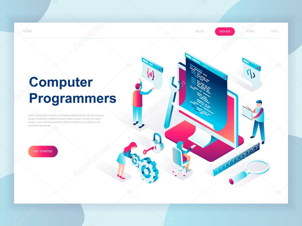 Modern flat design isometric concept of Computer Programmers for banner and website. Isometric landing page template. Developer of project team of engineers for website coding. Vector illustration.