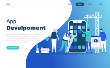 Uygulama geliştirme kavramı modern düz tasarım Web sitesi ve mobil web sitesi geliştirme için. Açılış sayfası şablonu. Mobil uygulama kullanarak yeni bir proje programlama geliştirmek. Vektör çizim.