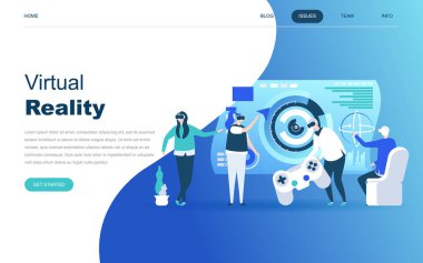 Web sitesi ve mobil web sitesi geliştirme için modern düz tasarım konsepti sanal Augmented Reality. Açılış sayfası şablonu. Dokunaklı vr arayüzü ile giyen kulaklık insanlar. Vektör çizim.