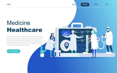 Web sitesi ve mobil web sitesi geliştirme için modern düz tasarım konsepti Online Tıp ve sağlık. Açılış sayfası şablonu. Hastayı tedavi doktorlar. Vektör çizim.