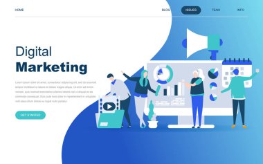 Modern düz tasarım dijital pazarlama kavramı Web sitesi ve mobil web sitesi geliştirme için. Açılış sayfası şablonu. İş Analizi, içerik strateji ve yönetim. Vektör çizim.