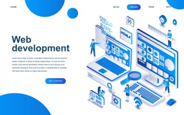 Modern izometrik tasarım Web geliştirme web sitesi ve mobil web sitesi geliştirme için. İzometrik açılış sayfası şablonu. Yazılım kodlama ve web sitesi programlama geliştirici. Vektör çizim.