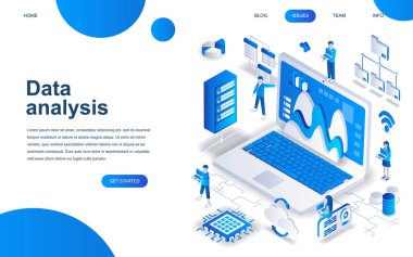 Web sitesi ve mobil web sitesi geliştirme için modern izometrik tasarım konsepti büyük veri analiz. İzometrik açılış sayfası şablonu. Dijital bilgi grafik ve istatistik. Vektör çizim.