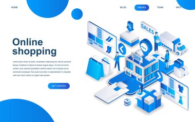 Web sitesi ve mobil web sitesi geliştirme için modern izometrik tasarım konsepti Online alışveriş. İzometrik açılış sayfası şablonu. E-ticaret pazarı, ödeme alışveriş. Vektör çizim.