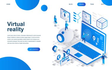 Web sitesi ve mobil web sitesi geliştirme için modern izometrik tasarım konsepti sanal Augmented Reality. İzometrik açılış sayfası şablonu. Vr dokunmadan ile kulaklık giyen insanlar. Vektör çizim.