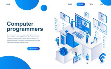 Bilgisayar programcıları kavramını modern izometrik tasarım Web sitesi ve mobil web sitesi geliştirme için. İzometrik açılış sayfası şablonu. Proje ekibi mühendisleri geliştiricisi. Vektör çizim.