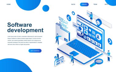 Modern izometrik tasarım yazılım geliştirme web sitesi ve mobil web sitesi geliştirme için. İzometrik açılış sayfası şablonu. Programlama ve kodlama teknolojisi geliştirme. Vektör çizim.