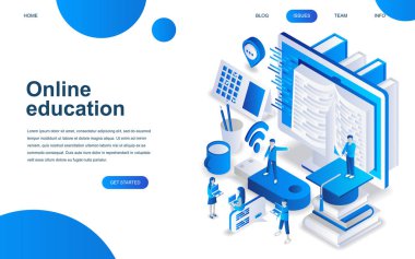 Online eğitim kavramı modern izometrik tasarım Web sitesi ve mobil web sitesi geliştirme için. İzometrik açılış sayfası şablonu. Online eğitim kursları, üniversite eğitimi. Vektör çizim.