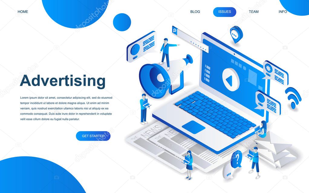 Modern isometric design concept of Advertising and Promotion for website and mobile website development. Isometric landing page template. Social media campaign, marketing. Vector illustration.