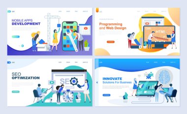 Sayfa şablonu web geliştirme, Seo, mobil uygulamalar, iş çözümleri için açılış kümesi. Modern vektör çizim düz kavramları insanların karakter Web sitesi ve mobil web sitesi geliştirme için dekore edilmiştir..
