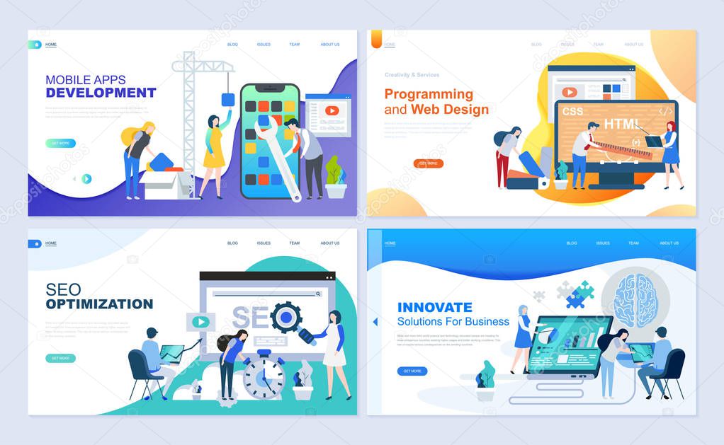 Set of landing page template for web development, SEO, mobile apps, business solutions. Modern vector illustration flat concepts decorated people character for website and mobile website development.