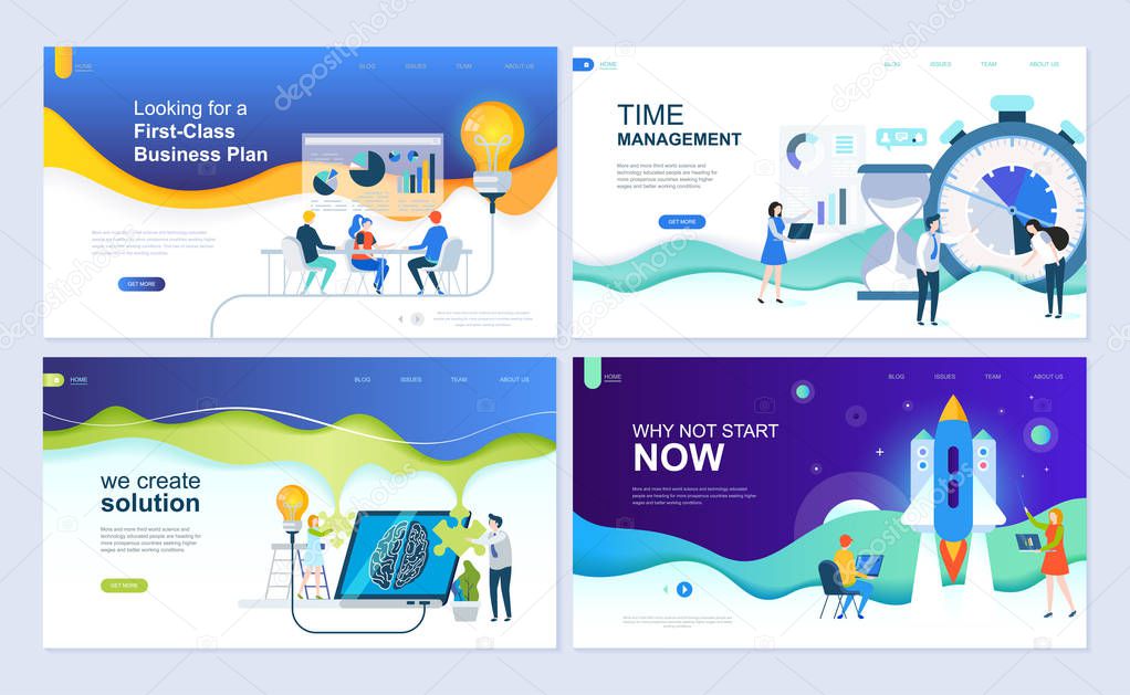 Set of landing page template for business solutions, startup, time management, planning. Modern vector illustration flat concepts decorated people character for website and mobile website development.
