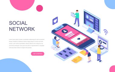 Modern düz tasarım izometrik kavramı sosyal ağ web sitesi ve afiş için. İzometrik açılış sayfası şablonu. Sanal iletişim ve medya paylaşımı. Vektör çizim.