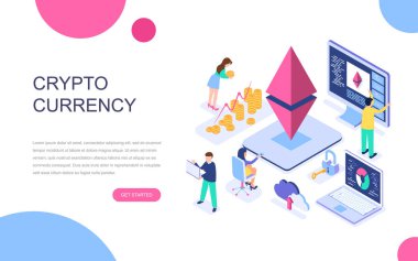 Modern düz tasarım izometrik kavramı Cryptocurrency Döviz afiş ve Web sitesi için. İzometrik açılış sayfası şablonu. Çiftlik dijital para madencilik ve döviz ticareti için. Vektör çizim.
