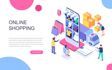 Modern düz izometrik Tasarım Online alışveriş için afiş ve Web sitesi. İzometrik açılış sayfası şablonu. E-ticaret pazarı, ödeme veya müşteri destek alışveriş. Vektör çizim.