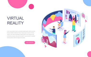 Modern düz tasarım izometrik kavramı sanal Augmented Reality için afiş ve Web sitesi. İzometrik açılış sayfası şablonu. Dokunaklı vr arayüzü ile giyen kulaklık insanlar. Vektör çizim.