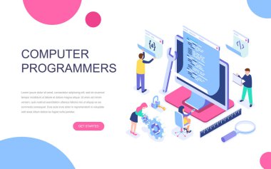 Modern düz izometrik tasarım bilgisayar programcıları için afiş ve Web sitesi. İzometrik açılış sayfası şablonu. Proje ekibi Web sitesi kodlamak için mühendisler geliştiricisi. Vektör çizim.
