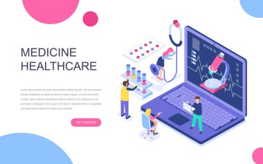 Modern düz izometrik Tasarım Online Tıp ve sağlık için afiş ve Web sitesi. İzometrik açılış sayfası şablonu. Hastayı tedavi doktorlar. Vektör çizim.
